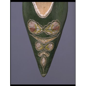 leather and embroidered linen shoe, 1790s, V&A