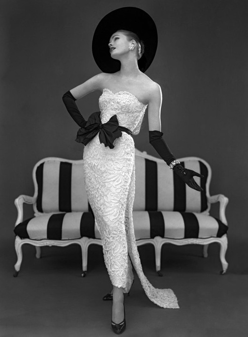 John French, Susan Abraham in John Cavanagh lace evening dress, spring 1957
